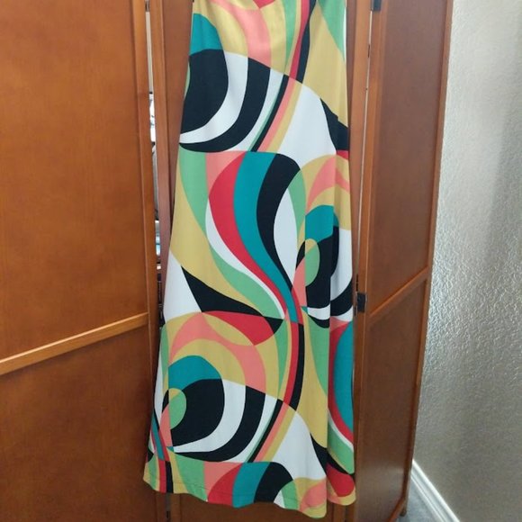 [M] Abstract Multicolor Swirl Stretch Bodycon Halter Maxi Dress - Picture 10 of 16